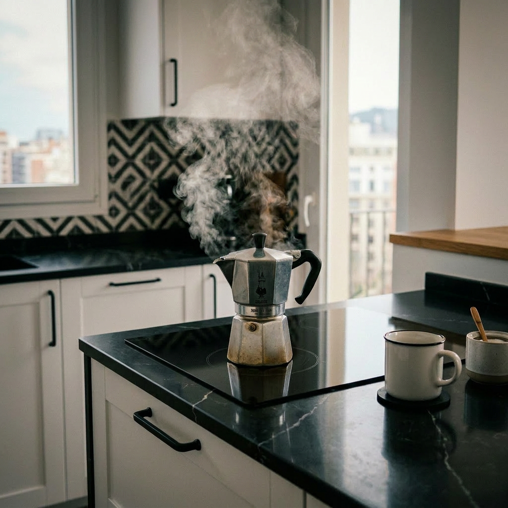 Moka pot brewing coffee on black stovetop with steam rising